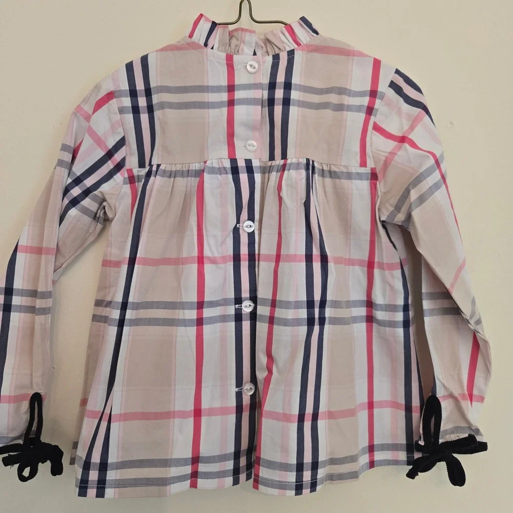 Bella Bliss Girls Pink Navy Plaid Ruffle Neck Babydoll Blouse Velvet Ties Size 6